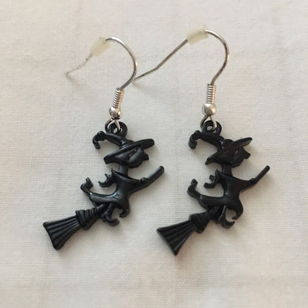 Cute Halloween witch on broomstick earrings